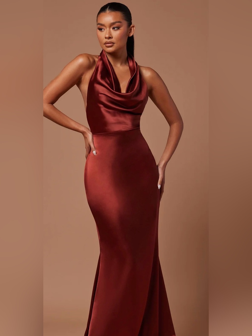 Laena Satin Draped Maxi Dress - Rust